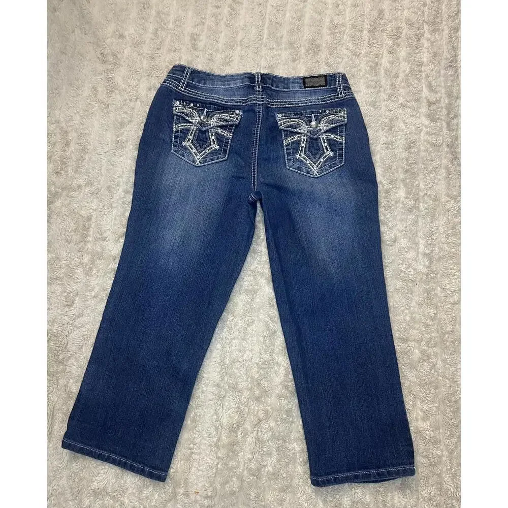 Vtg Earl Jeans Y2K medium wash rhinestone embellished denim capris Size 8